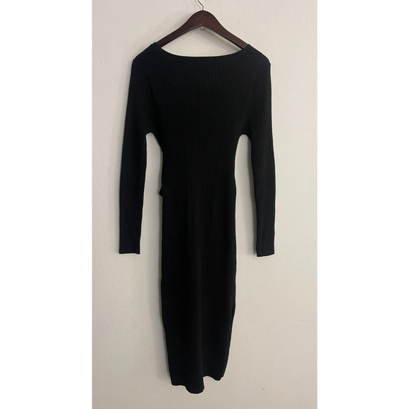 Good American 3 Large Dress Black Ribbed Sweater Midi Tie Waist V Neck Stretch - Picture 8 of 10